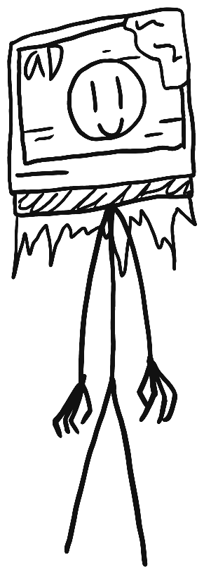 Ad, the main character: a stick figure with a TV for a head